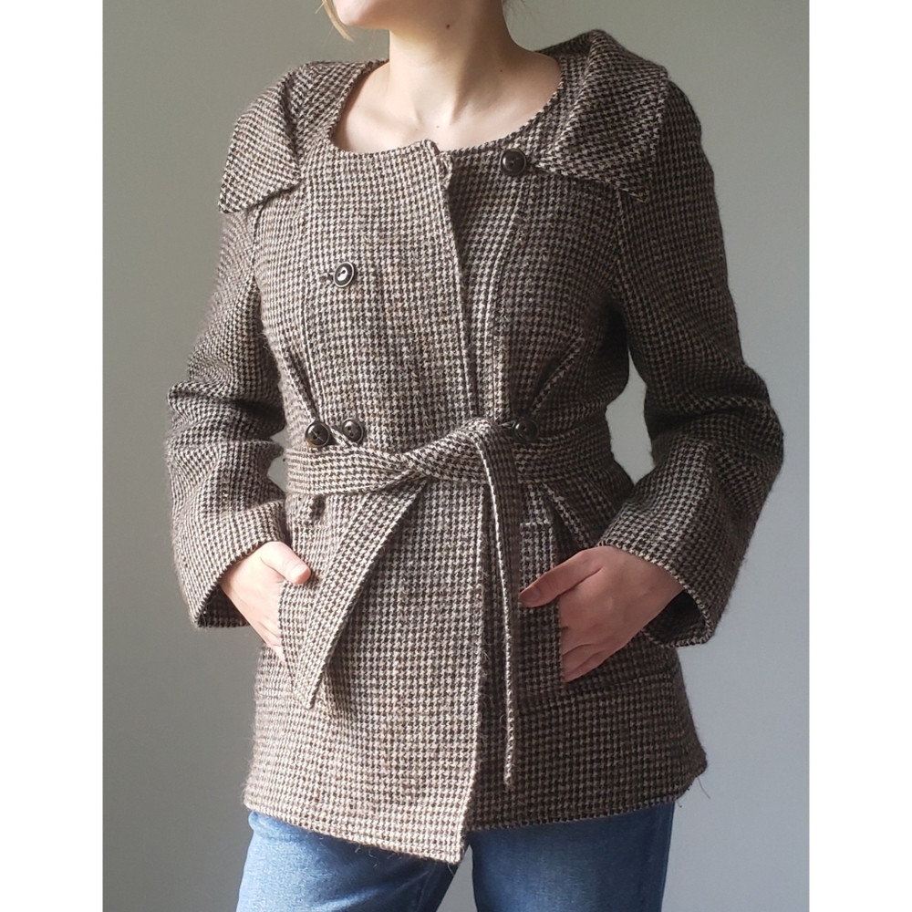 Chloe Houndstooth Double Breasted Coat Brown Ecru
